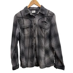 Columbia Women L Clack Gray Plaid Long Sleeve Cotton Button Up Outdoor Casual